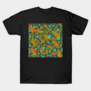 flowers and leaves pattern in green bg T-Shirt